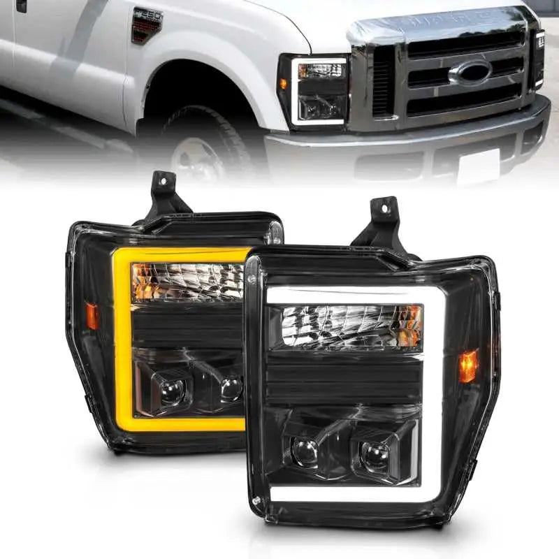 111586 ANZO 08-10 Ford F-250 - F-550 Super Duty Projector Headlights w/ Light Bar Switchback Black Housing anz111586