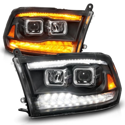 111611 ANZO 09-18 Dodge Ram 1500/2500/3500 Proj HL Headlights Switchback + Sequential - Black Amber anz111611