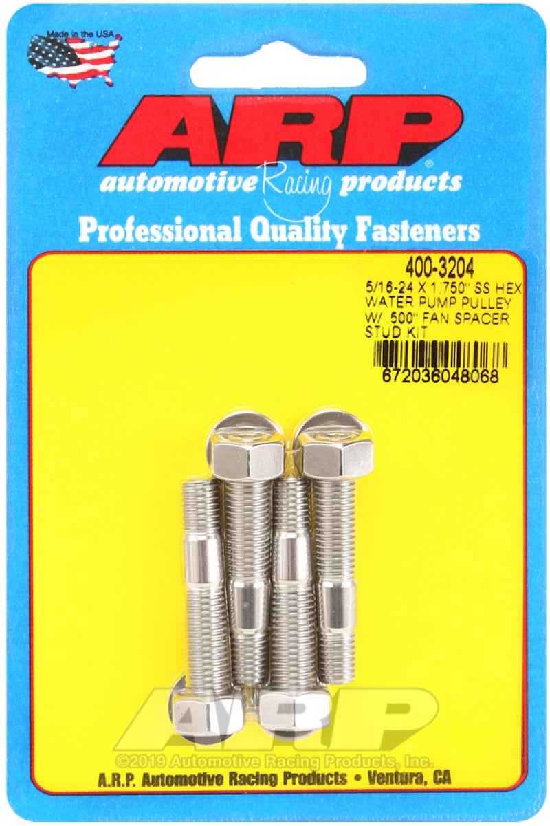ARP 5/16-24 X 1.750 SS Hex Water Pump Pulley w/ .500in Fan Spacer Stud Kit 400-3204
