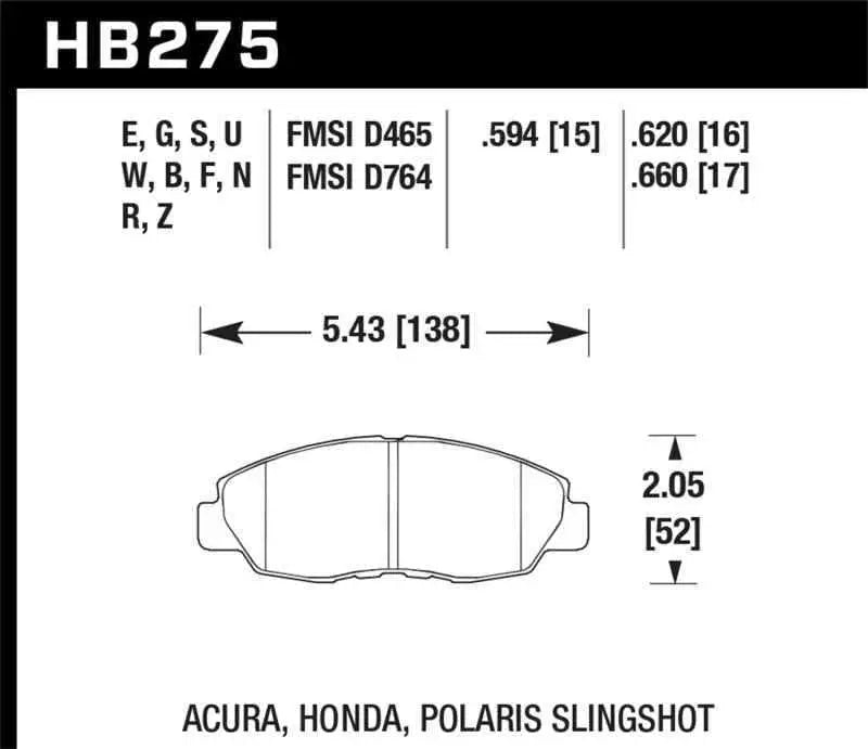 Hawk 98-00 Civic Coupe Si / 01-06 Civic DX EX GX HX LX HP+ Street Front Brake Pads hb275n-620