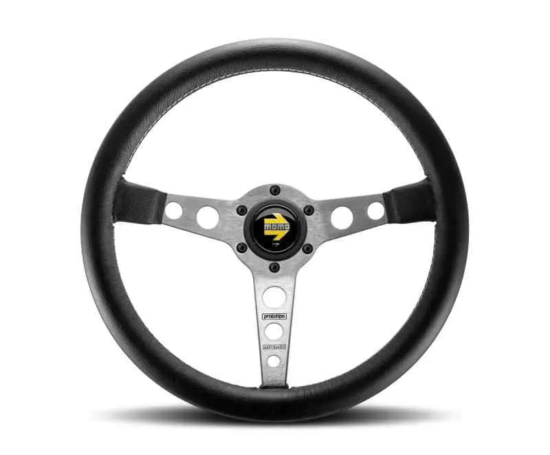 Momo Prototipo Steering Wheel 350 mm - Black Leather/Wht Stitch/Brshd Spokes pro35bk0s
